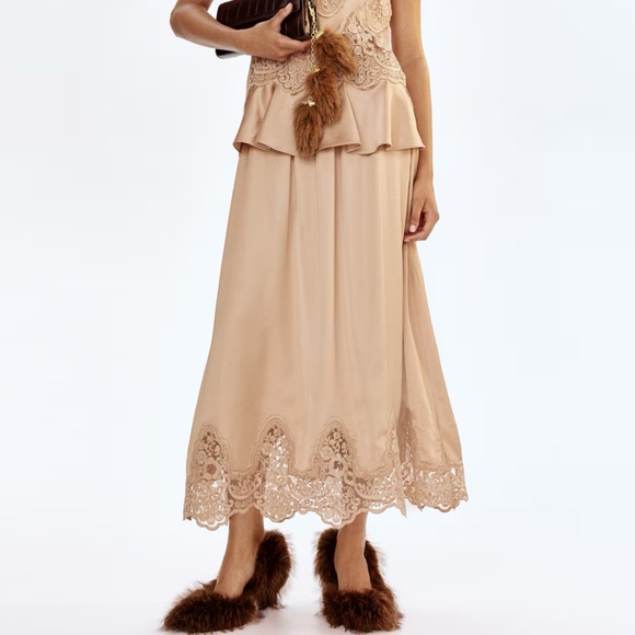 H&M Lace Trimmed Satin Midi Skirt Beige NWT - Picture 3 of 8